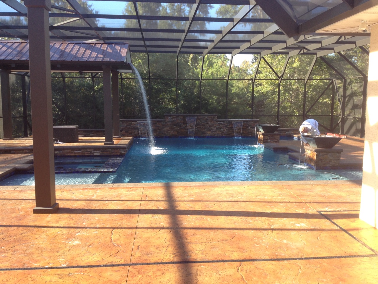 Gunite pool with fire and waterfall
